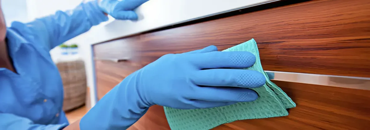 Cleaner wearing blue gloves wiping a wooden cabinet drawer with a microfiber cloth for dust and grime removal, Las Vegas, NV.