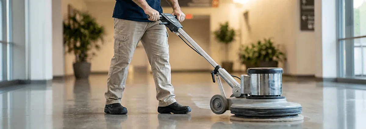 Professional technician using an industrial floor buffer to polish and maintain shiny commercial flooring in a corporate hallway in Las Vegas, NV.
