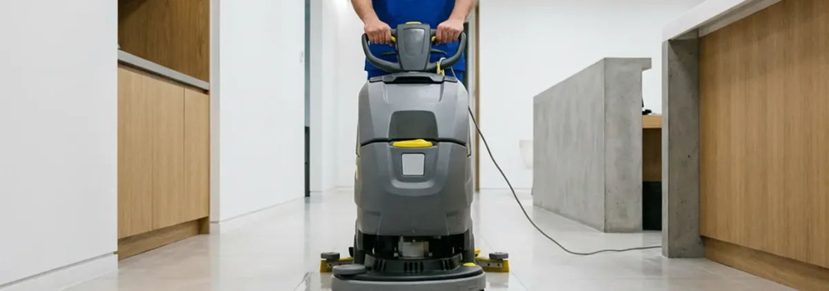 Janitorial staff using a floor scrubber machine to clean a commercial hallway, Las Vegas, NV.